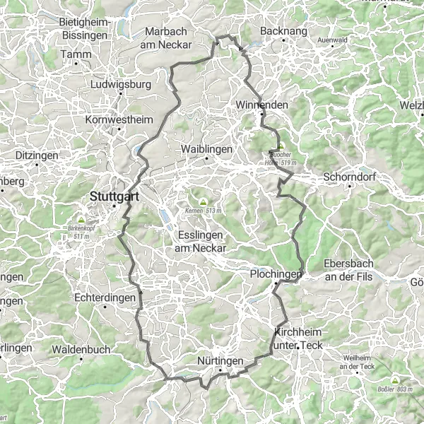 Karten-Miniaturansicht der Radinspiration "Rund um die Region Winnenden und Neckartailfingen" in Stuttgart, Germany. Erstellt vom Tarmacs.app-Routenplaner für Radtouren