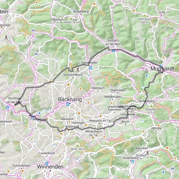 Map miniature of "Kirchberg-Murrhardt Loop" cycling inspiration in Stuttgart, Germany. Generated by Tarmacs.app cycling route planner