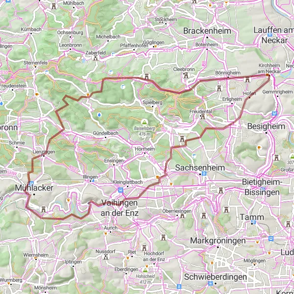 Karten-Miniaturansicht der Radinspiration "Rund um Bönnigheim - Graveltour ab Kirchheim am Neckar" in Stuttgart, Germany. Erstellt vom Tarmacs.app-Routenplaner für Radtouren
