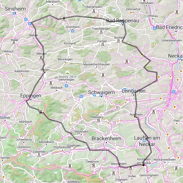 Karten-Miniaturansicht der Radinspiration "Rundweg Bönnigheim nach Lauffen am Neckar" in Stuttgart, Germany. Erstellt vom Tarmacs.app-Routenplaner für Radtouren