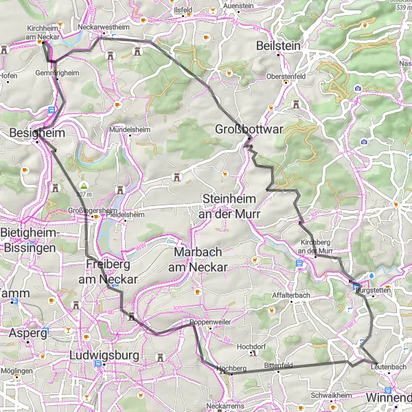 Karten-Miniaturansicht der Radinspiration "Rundtour um Kirchheim am Neckar" in Stuttgart, Germany. Erstellt vom Tarmacs.app-Routenplaner für Radtouren