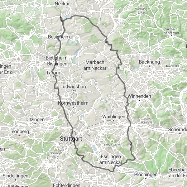 Karten-Miniaturansicht der Radinspiration "Rundweg Neckarwestheim nach Gemmrigheim" in Stuttgart, Germany. Erstellt vom Tarmacs.app-Routenplaner für Radtouren