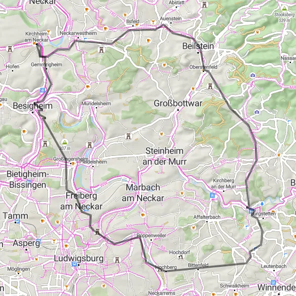 Karten-Miniaturansicht der Radinspiration "Rundweg Neckarwestheim nach Walheim" in Stuttgart, Germany. Erstellt vom Tarmacs.app-Routenplaner für Radtouren