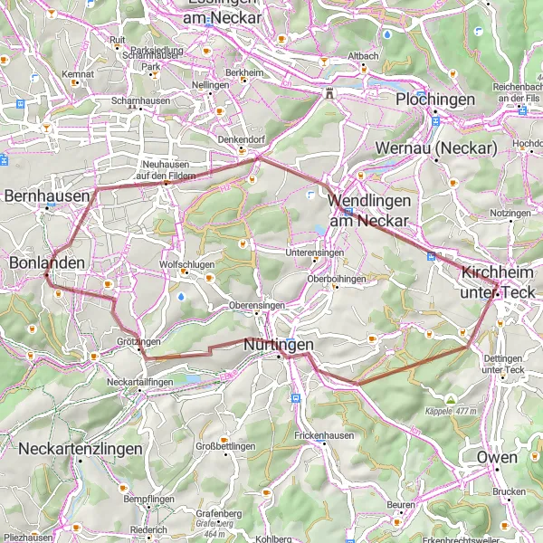 Map miniature of "Scenic Gravel Ride to Neuhausen auf den Fildern" cycling inspiration in Stuttgart, Germany. Generated by Tarmacs.app cycling route planner