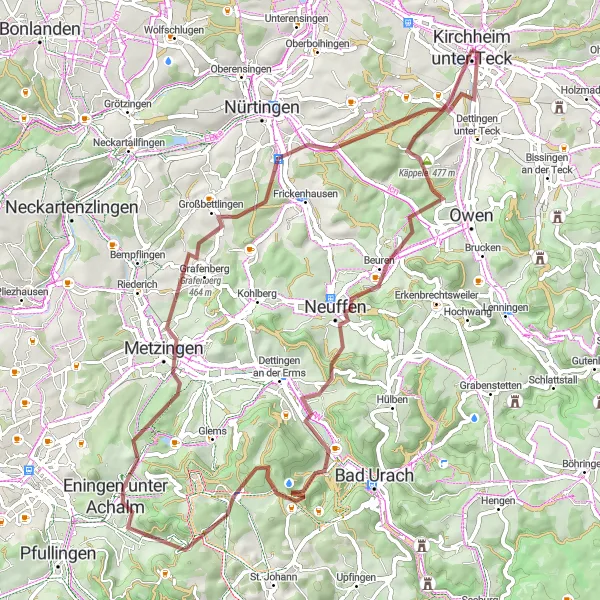 Karten-Miniaturansicht der Radinspiration "Grünes Abenteuer um Kirchheim unter Teck" in Stuttgart, Germany. Erstellt vom Tarmacs.app-Routenplaner für Radtouren