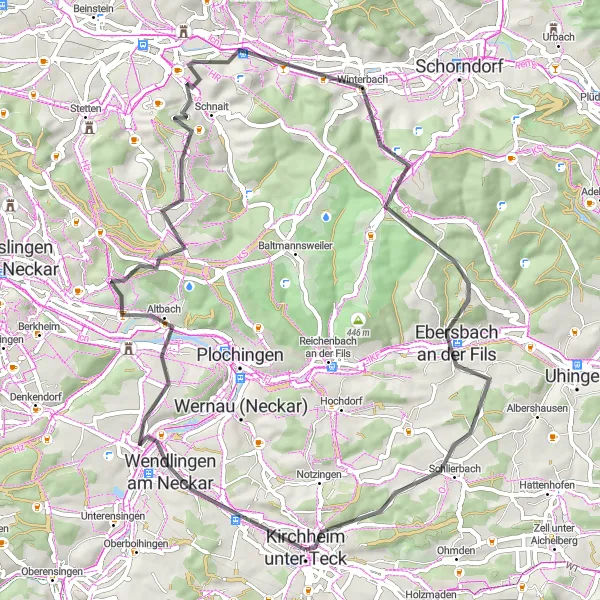Map miniature of "Kirchheim unter Teck Loop" cycling inspiration in Stuttgart, Germany. Generated by Tarmacs.app cycling route planner