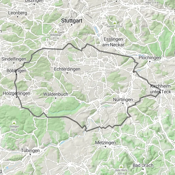 Map miniature of "Kirchheim to Albpanorama" cycling inspiration in Stuttgart, Germany. Generated by Tarmacs.app cycling route planner