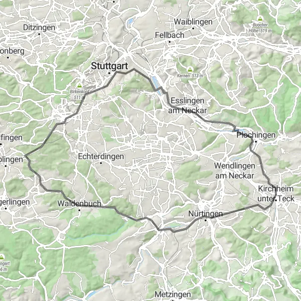 Map miniature of "The Road Adventure" cycling inspiration in Stuttgart, Germany. Generated by Tarmacs.app cycling route planner