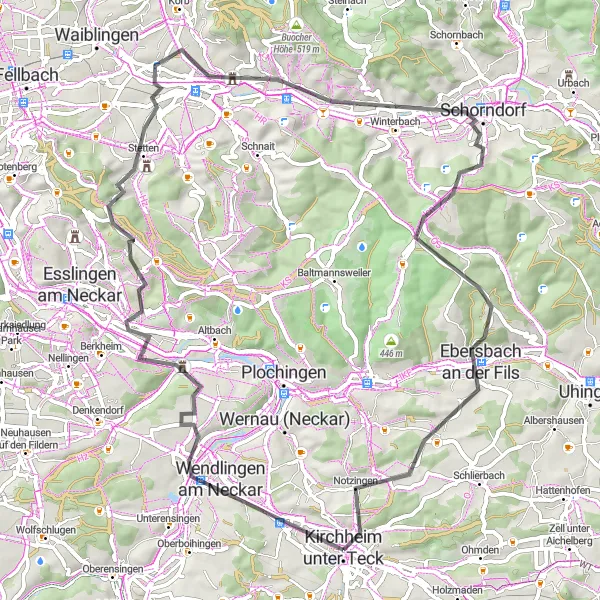 Map miniature of "Challenging Road Cycling Tour through Kirchheim unter Tech" cycling inspiration in Stuttgart, Germany. Generated by Tarmacs.app cycling route planner