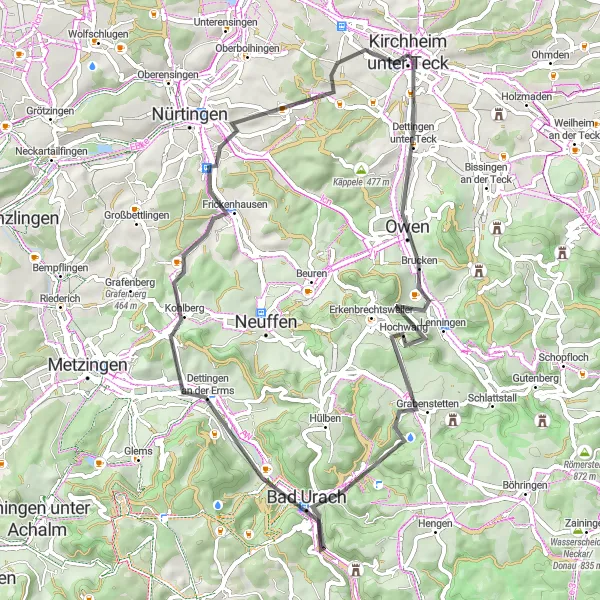 Map miniature of "Road Cycling Adventure to Bad Urach" cycling inspiration in Stuttgart, Germany. Generated by Tarmacs.app cycling route planner