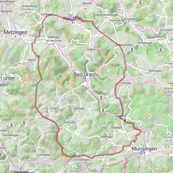 Karten-Miniaturansicht der Radinspiration "Abenteuertour von Kohlberg nach Hohenneuffen und Gomadingen" in Stuttgart, Germany. Erstellt vom Tarmacs.app-Routenplaner für Radtouren