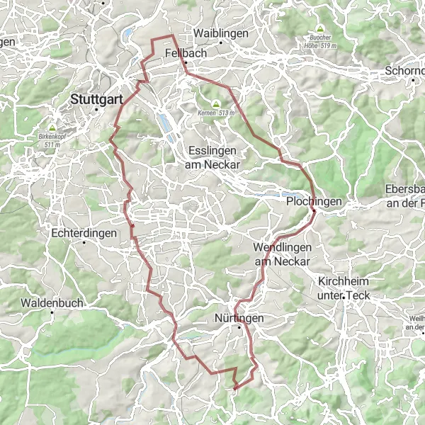 Karten-Miniaturansicht der Radinspiration "Gravel Tour um Stuttgart und das Remstal" in Stuttgart, Germany. Erstellt vom Tarmacs.app-Routenplaner für Radtouren