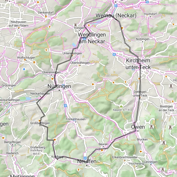 Karten-Miniaturansicht der Radinspiration "Rundtour von Kohlberg nach Großbettlingen und Neuffen" in Stuttgart, Germany. Erstellt vom Tarmacs.app-Routenplaner für Radtouren