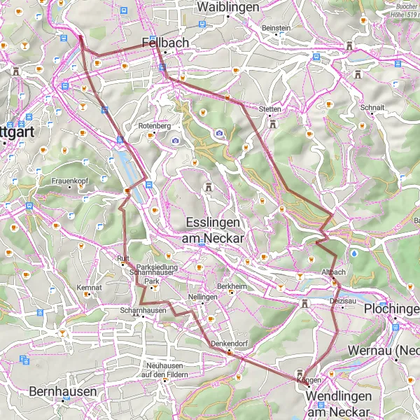 Karten-Miniaturansicht der Radinspiration "Gravel-Abenteuer im Remstal" in Stuttgart, Germany. Erstellt vom Tarmacs.app-Routenplaner für Radtouren
