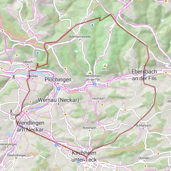 Karten-Miniaturansicht der Radinspiration "Gravelabenteuer rund um Köngen" in Stuttgart, Germany. Erstellt vom Tarmacs.app-Routenplaner für Radtouren