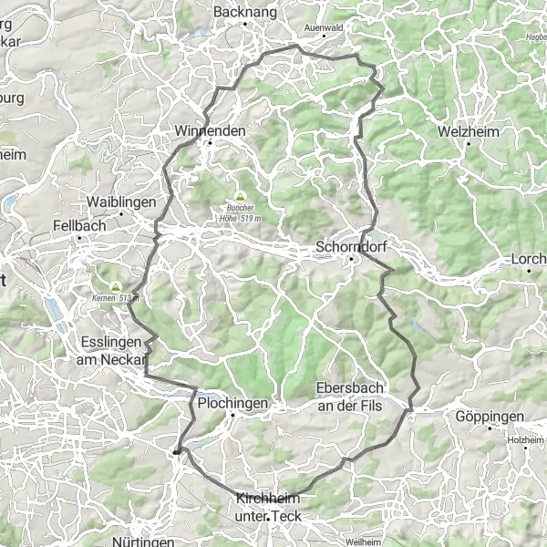 Karten-Miniaturansicht der Radinspiration "Schwäbische Hügellandschaft" in Stuttgart, Germany. Erstellt vom Tarmacs.app-Routenplaner für Radtouren