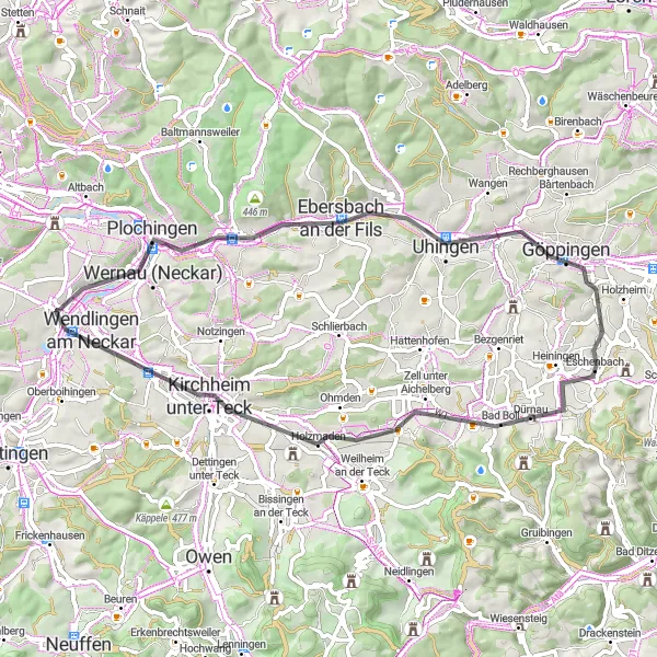 Karten-Miniaturansicht der Radinspiration "Göppingen Erholung" in Stuttgart, Germany. Erstellt vom Tarmacs.app-Routenplaner für Radtouren