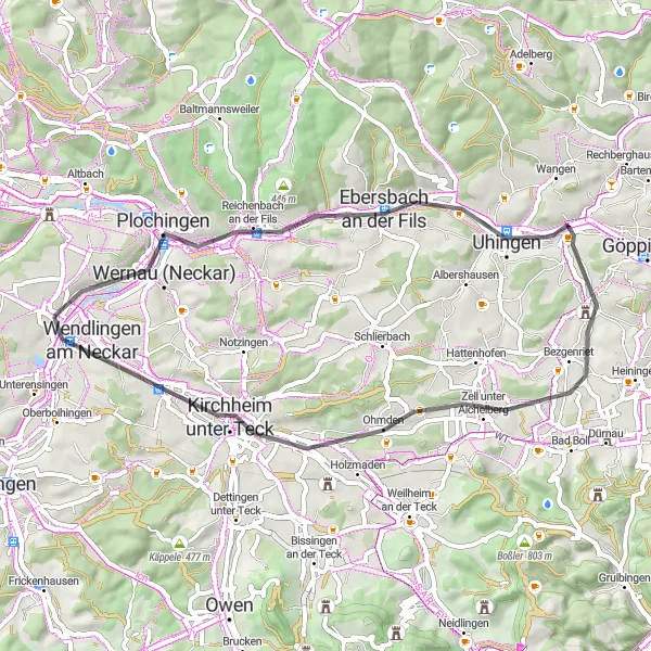 Karten-Miniaturansicht der Radinspiration "Ohmden Herausforderung" in Stuttgart, Germany. Erstellt vom Tarmacs.app-Routenplaner für Radtouren