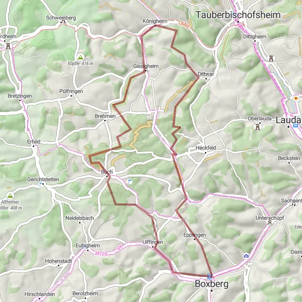 Map miniature of "Königheim and Surroundings" cycling inspiration in Stuttgart, Germany. Generated by Tarmacs.app cycling route planner
