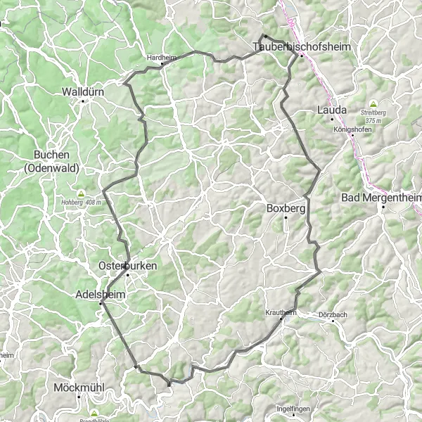 Map miniature of "Tauberbischofsheim Grand Tour" cycling inspiration in Stuttgart, Germany. Generated by Tarmacs.app cycling route planner