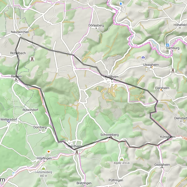 Map miniature of "Transversing Hardheim" cycling inspiration in Stuttgart, Germany. Generated by Tarmacs.app cycling route planner