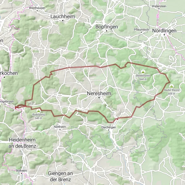 Map miniature of "The Hilltops Gravel Adventure" cycling inspiration in Stuttgart, Germany. Generated by Tarmacs.app cycling route planner