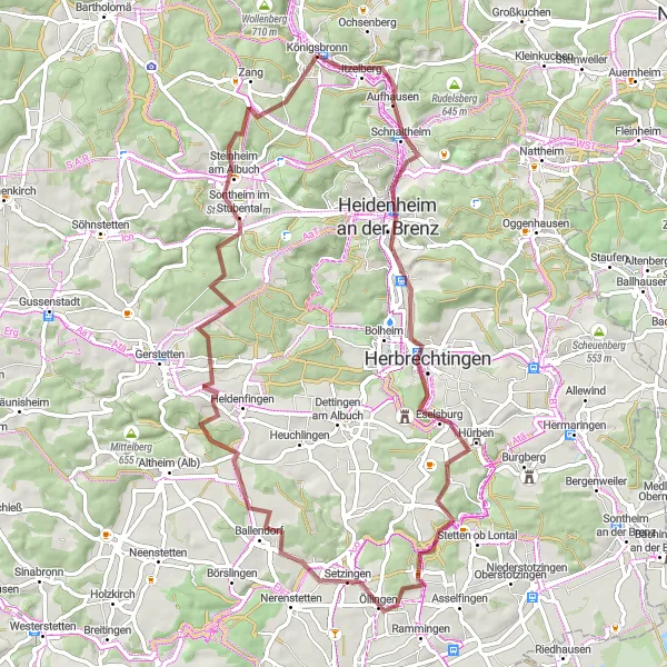 Map miniature of "The Gravel Adventure" cycling inspiration in Stuttgart, Germany. Generated by Tarmacs.app cycling route planner