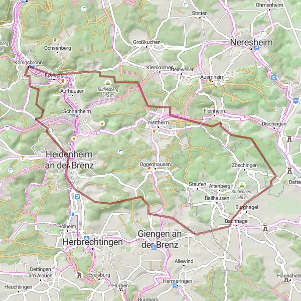 Map miniature of "The Gravel Heritage" cycling inspiration in Stuttgart, Germany. Generated by Tarmacs.app cycling route planner