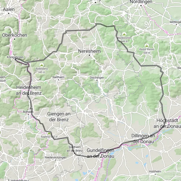 Map miniature of "The Donaukönigsbronn Road Ride" cycling inspiration in Stuttgart, Germany. Generated by Tarmacs.app cycling route planner