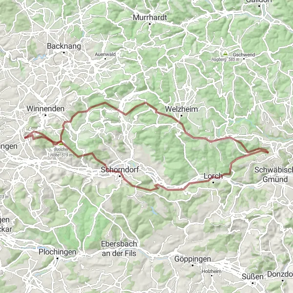 Map miniature of "Korb Gravel Adventure" cycling inspiration in Stuttgart, Germany. Generated by Tarmacs.app cycling route planner