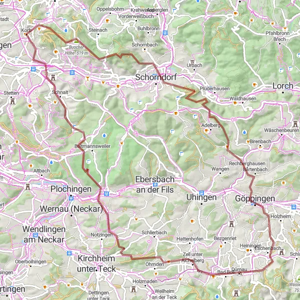 Map miniature of "The Gravel Adventure" cycling inspiration in Stuttgart, Germany. Generated by Tarmacs.app cycling route planner