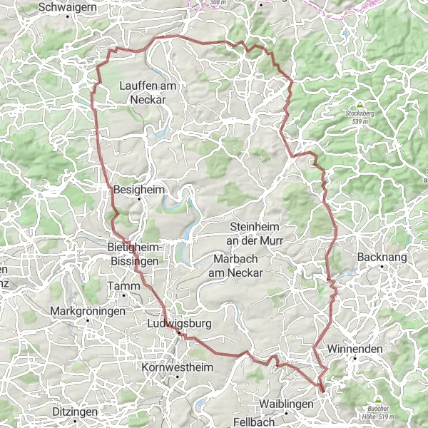 Map miniature of "Nature's Challenge: Korb to Schwaikheim" cycling inspiration in Stuttgart, Germany. Generated by Tarmacs.app cycling route planner