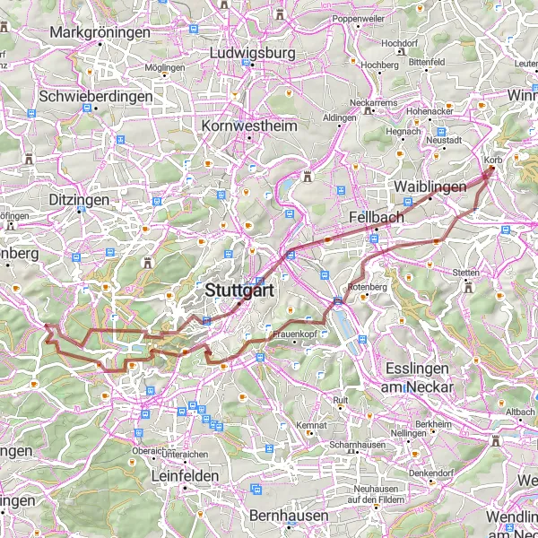 Karten-Miniaturansicht der Radinspiration "Gravel-Abenteuer durch den Schurwald" in Stuttgart, Germany. Erstellt vom Tarmacs.app-Routenplaner für Radtouren