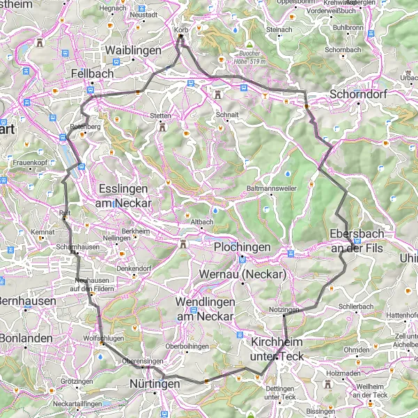 Karten-Miniaturansicht der Radinspiration "Panorama-Runde um Stuttgart" in Stuttgart, Germany. Erstellt vom Tarmacs.app-Routenplaner für Radtouren
