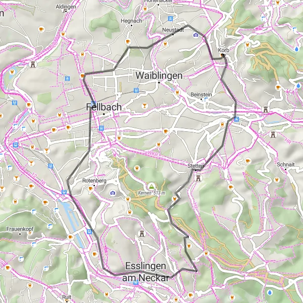 Map miniature of "Korb Vineyard Tour" cycling inspiration in Stuttgart, Germany. Generated by Tarmacs.app cycling route planner