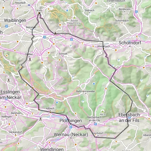 Map miniature of "Kleinheppacher Kopf Loop" cycling inspiration in Stuttgart, Germany. Generated by Tarmacs.app cycling route planner