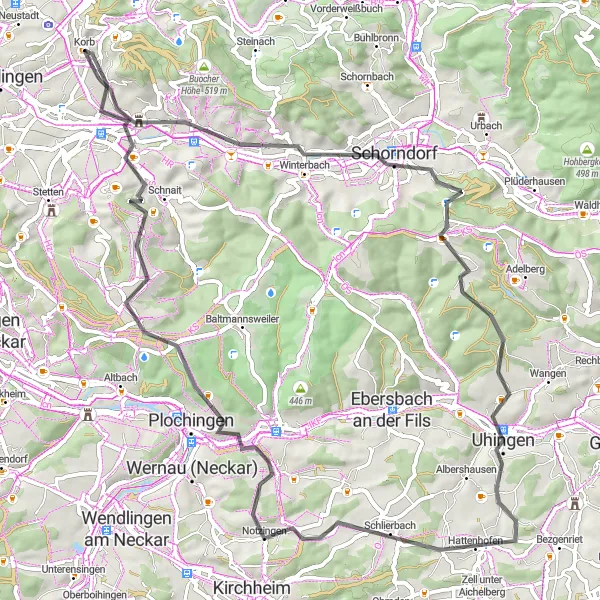 Map miniature of "Scenic Road Tour from Korb" cycling inspiration in Stuttgart, Germany. Generated by Tarmacs.app cycling route planner