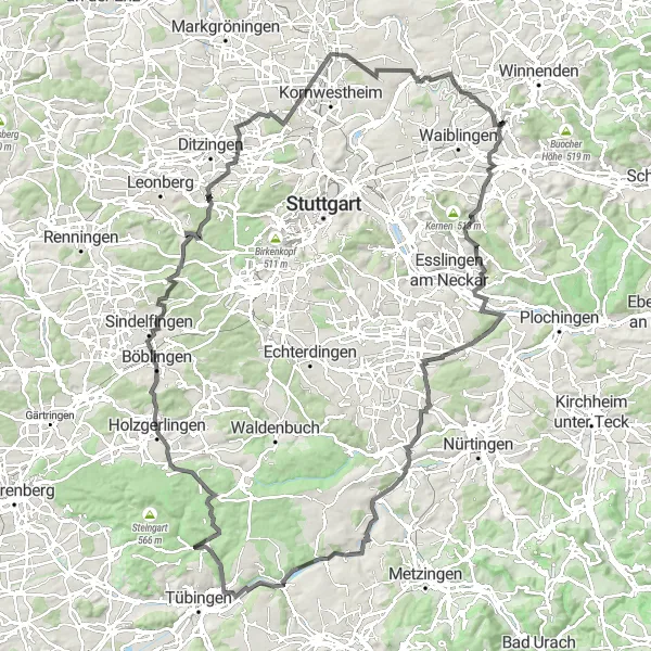 Map miniature of "The Scenic Road Loop" cycling inspiration in Stuttgart, Germany. Generated by Tarmacs.app cycling route planner