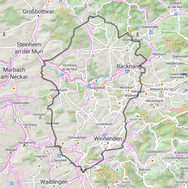 Karten-Miniaturansicht der Radinspiration "Rundfahrt um Korb" in Stuttgart, Germany. Erstellt vom Tarmacs.app-Routenplaner für Radtouren