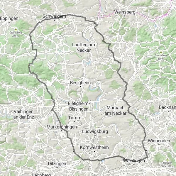 Map miniature of "Zuffenhausen Adventure" cycling inspiration in Stuttgart, Germany. Generated by Tarmacs.app cycling route planner
