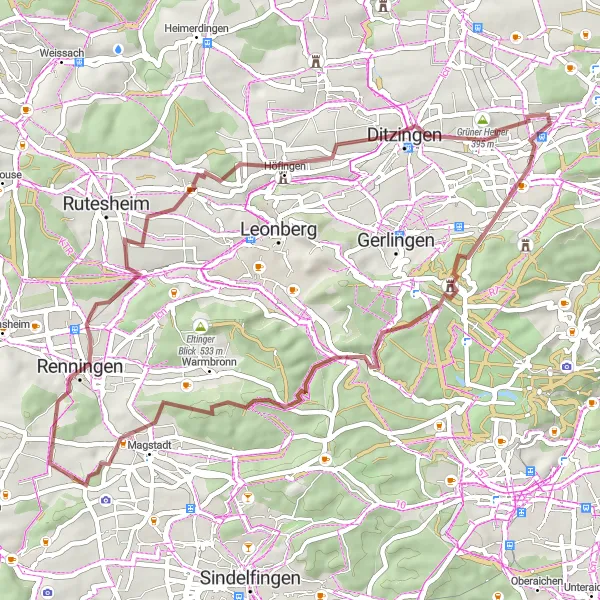 Map miniature of "Gravel Adventure in the Surroundings of Stuttgart" cycling inspiration in Stuttgart, Germany. Generated by Tarmacs.app cycling route planner