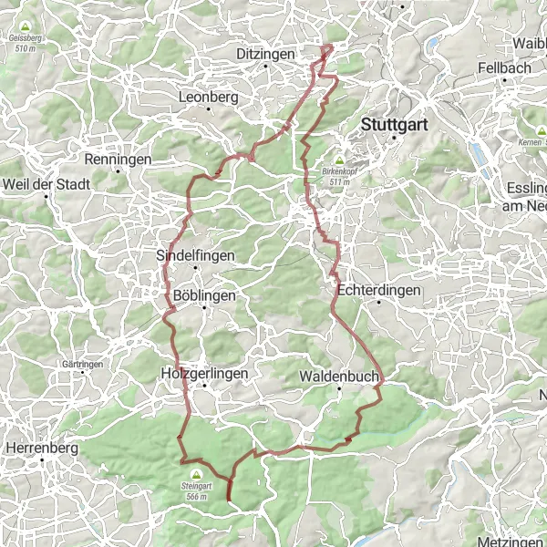 Map miniature of "Challenging Gravel Loop with Scenic Highlights" cycling inspiration in Stuttgart, Germany. Generated by Tarmacs.app cycling route planner
