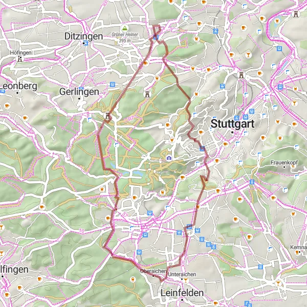 Map miniature of "Picturesque Gravel Route near Korntal" cycling inspiration in Stuttgart, Germany. Generated by Tarmacs.app cycling route planner
