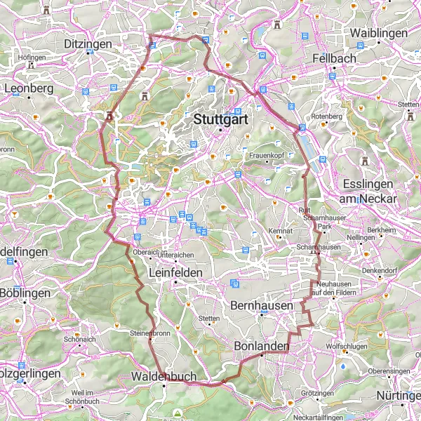 Karten-Miniaturansicht der Radinspiration "Spannende Graveltour durch die grüne Natur" in Stuttgart, Germany. Erstellt vom Tarmacs.app-Routenplaner für Radtouren
