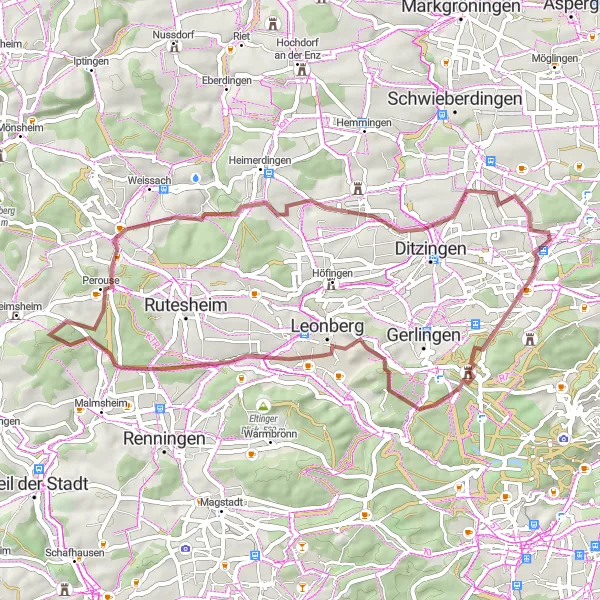 Map miniature of "Scenic Gravel Ride from Korntal" cycling inspiration in Stuttgart, Germany. Generated by Tarmacs.app cycling route planner