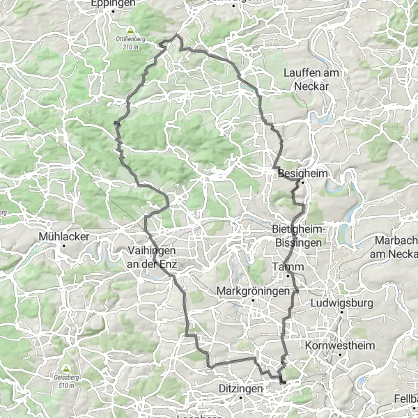 Map miniature of "Road Cycling Loop through Stuttgart's Surroundings" cycling inspiration in Stuttgart, Germany. Generated by Tarmacs.app cycling route planner