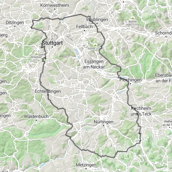 Karten-Miniaturansicht der Radinspiration "Rundweg um Stuttgart mit zahlreichen Sehenswürdigkeiten" in Stuttgart, Germany. Erstellt vom Tarmacs.app-Routenplaner für Radtouren