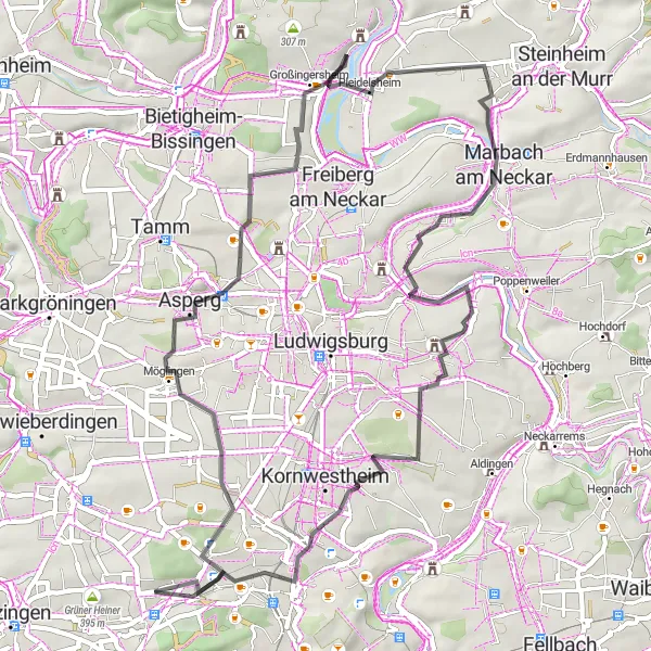 Map miniature of "Scenic Ride to the Castle-lined Towns near Stuttgart" cycling inspiration in Stuttgart, Germany. Generated by Tarmacs.app cycling route planner