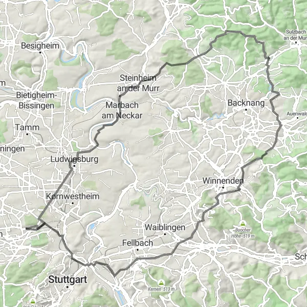 Map miniature of "Hilly Adventure across New Neckar Bridge" cycling inspiration in Stuttgart, Germany. Generated by Tarmacs.app cycling route planner