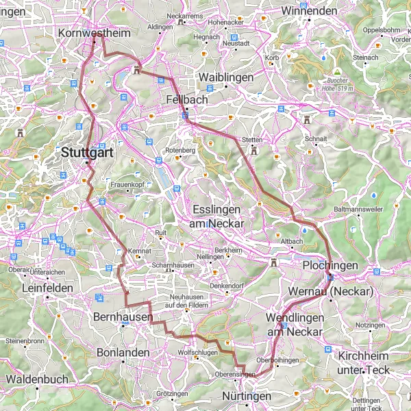 Map miniature of "Exploring the Gravel Paths Around Fellbach" cycling inspiration in Stuttgart, Germany. Generated by Tarmacs.app cycling route planner